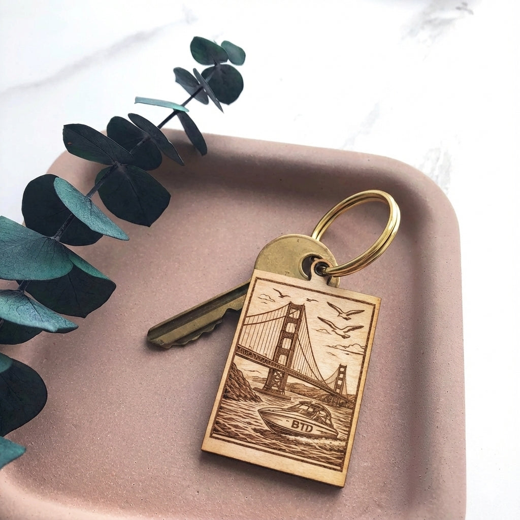 San Francisco Golden Gate Wooden Keychain – Engraved Bridge & Ocean Design