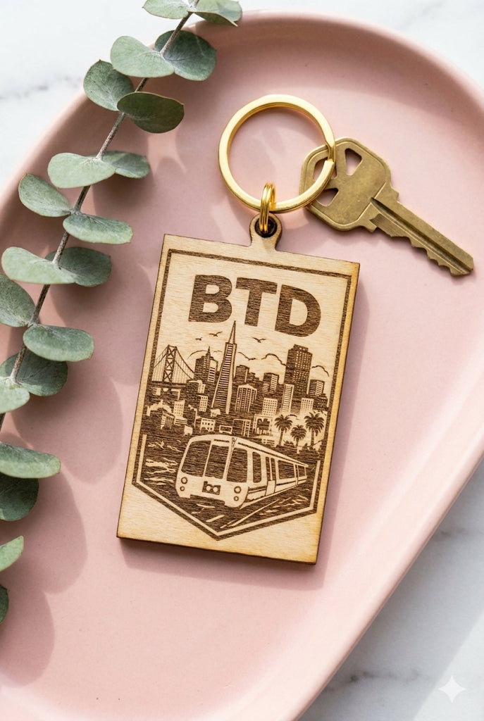 San Francisco Skyline Wooden Keychain – Laser Engraved Cityscape & BART Train